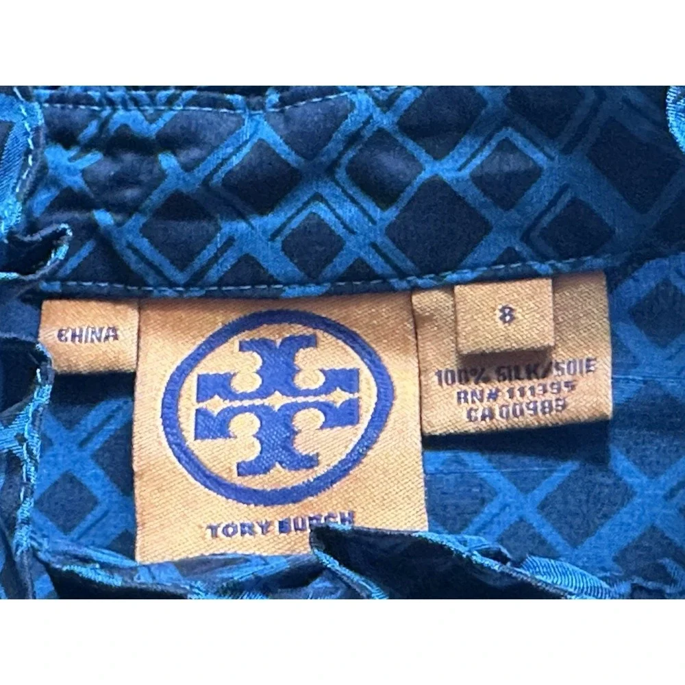 Tory‎ Burch Blue Black Geometric Ruffle Collar Sleeveless 100% Silk Blouse-Sz 8